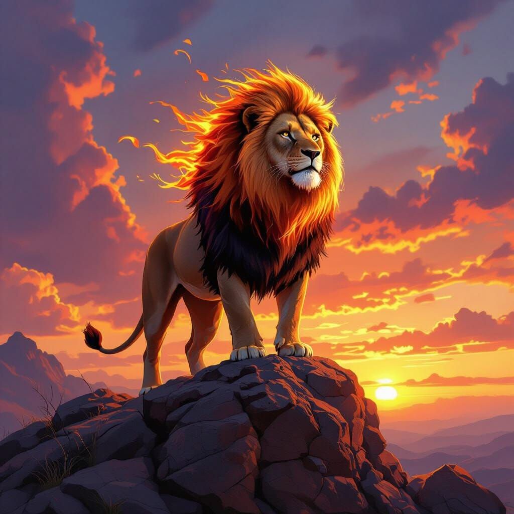 Fiery Lion on Rocky Crag at Sunset