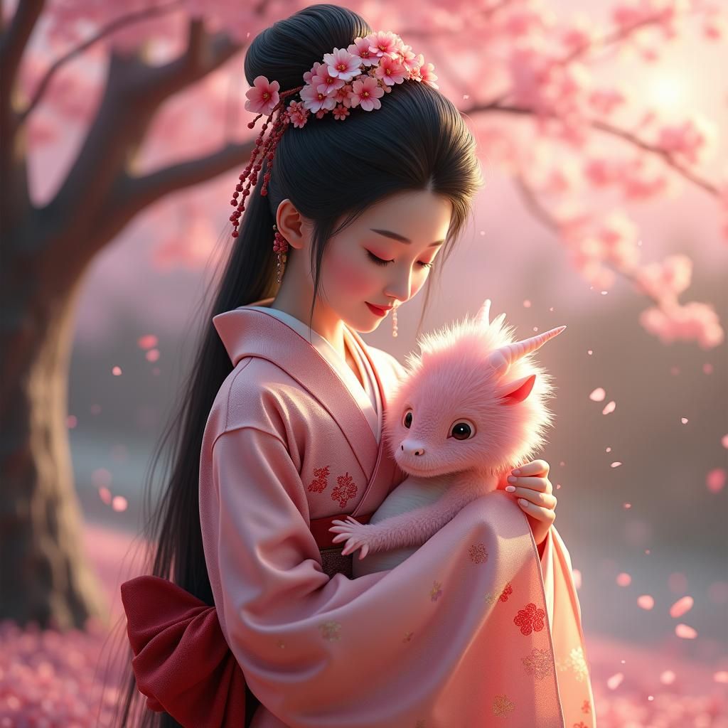 Geisha and Pink Dragon in Japanese Landscape