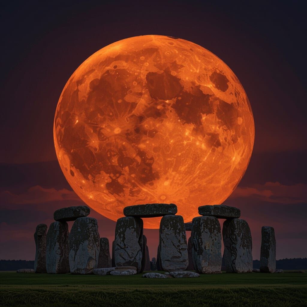 Full Blood Moon rising over Stonehenge during total lunar ec...