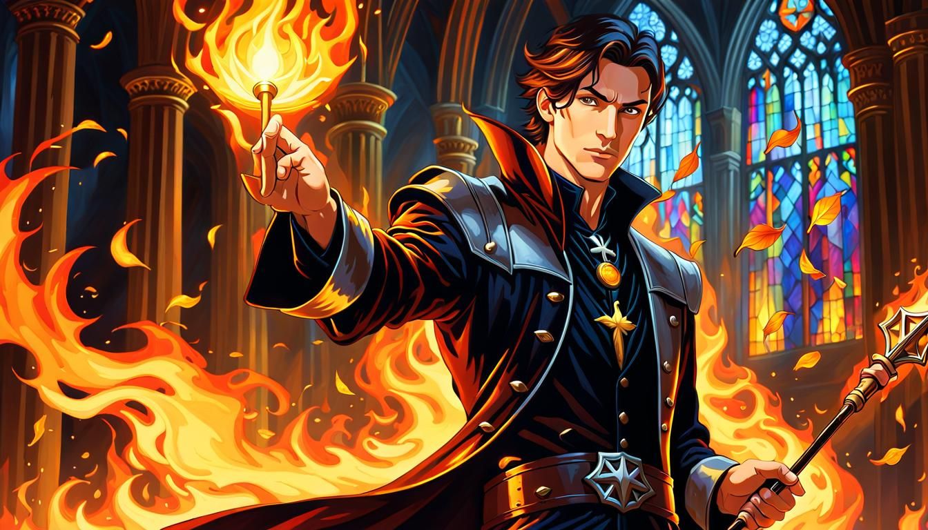 Fiery Wizard in Gothic Attire, Oil Painting