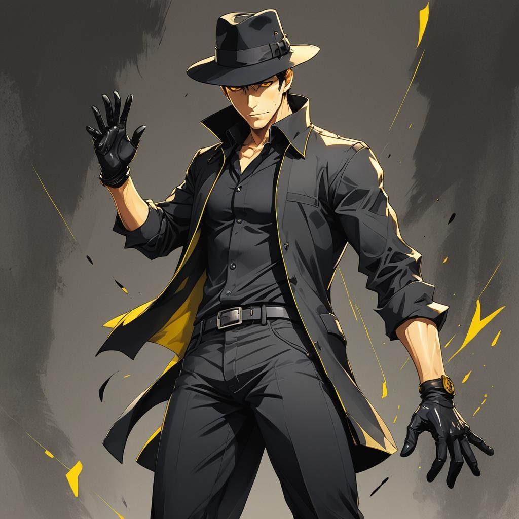 Yellow-Skinned Man in Black Outfit, Anime Style