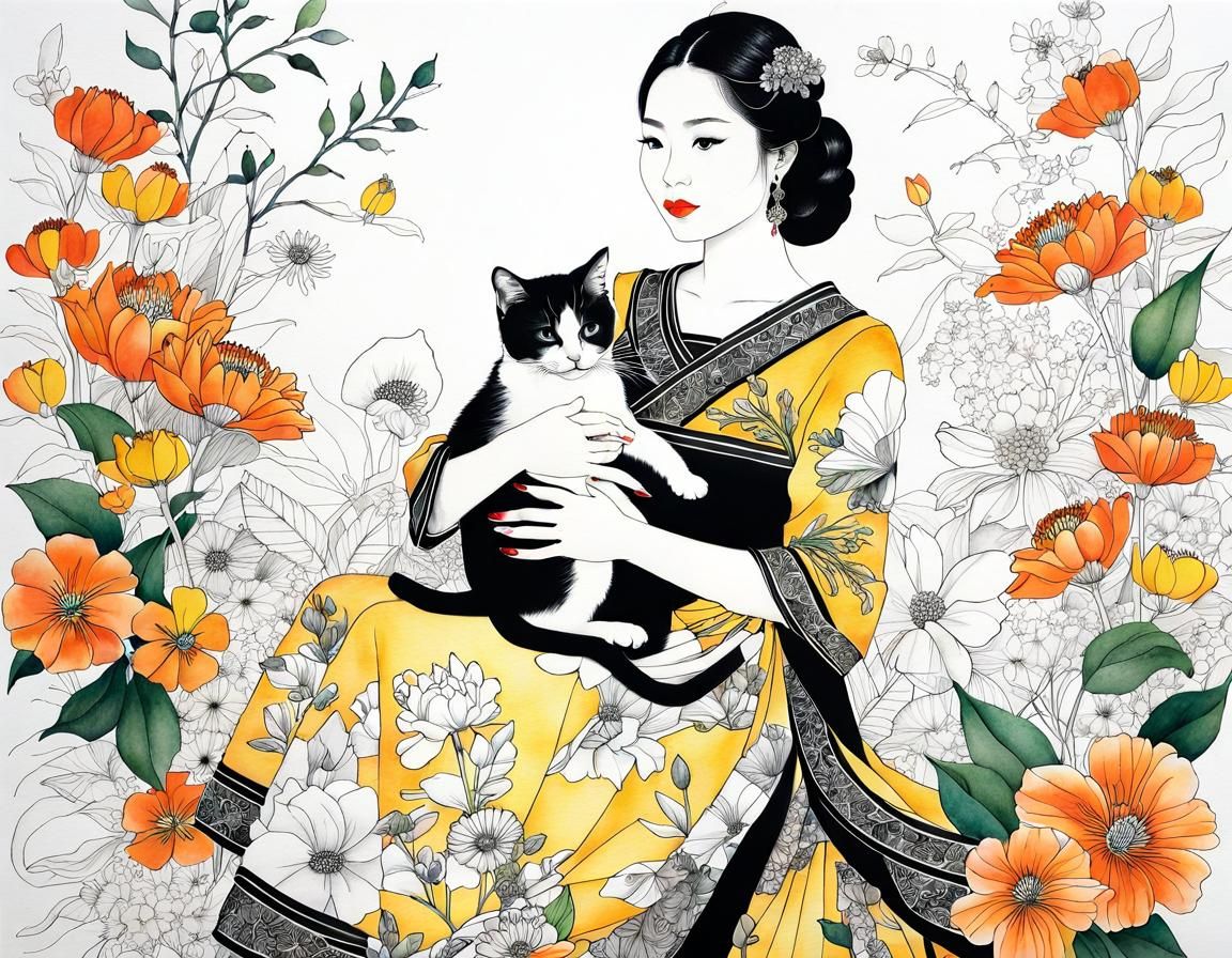 Woman With Cat In Garden