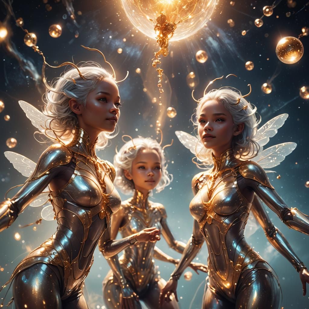 Twin Females Floating in Space with Ethereal Lights