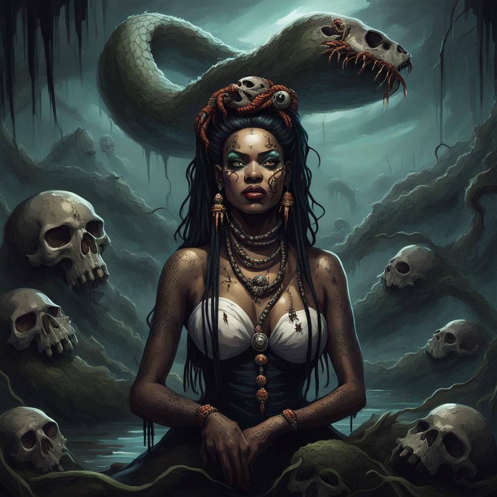 Sinister Voodoo Queen in a Swamp at Night