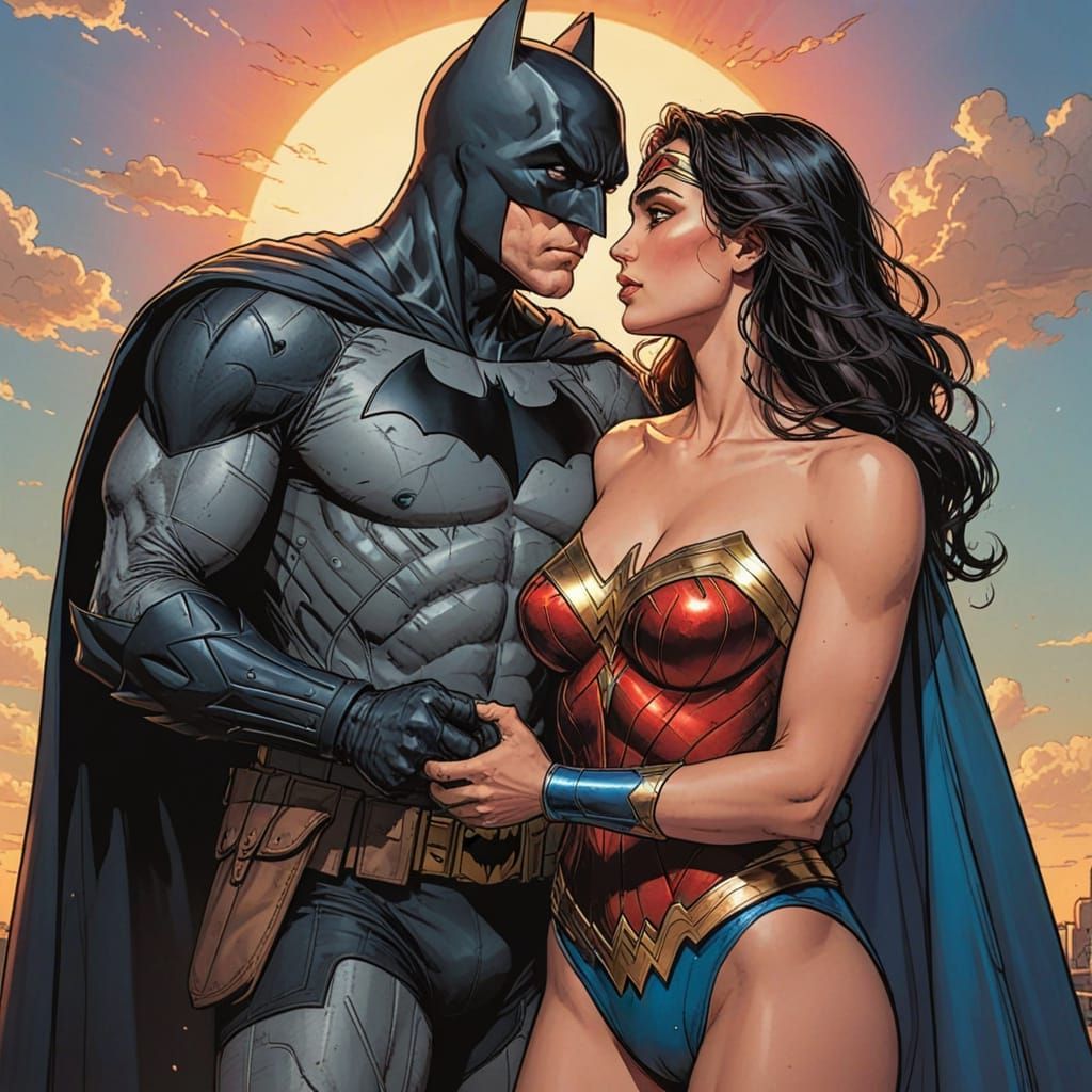 Comic Art Wonder Woman and Batman Romantic Sunset