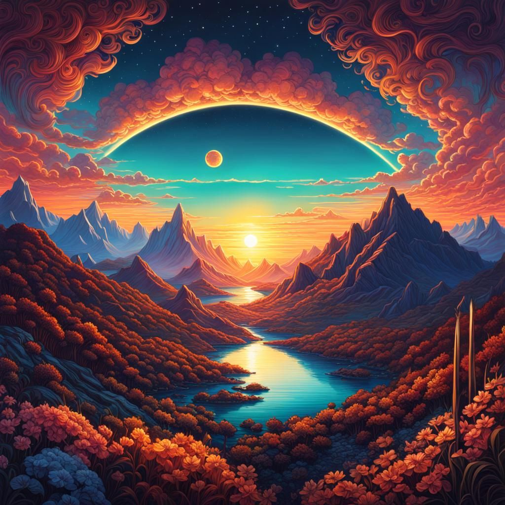 Sunrise Over Mountains in Hyperdetailed Digital Art