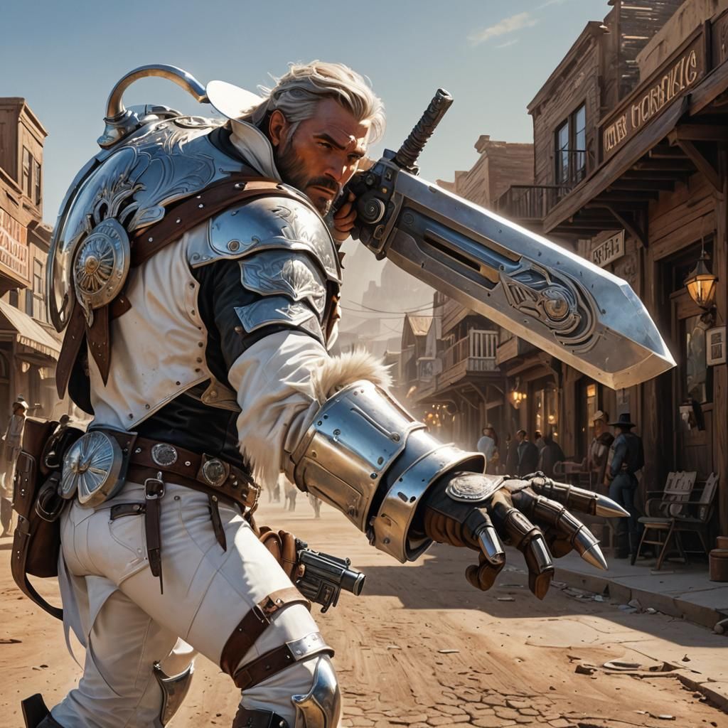 Futuristic Cowboy with Gunsword in Western Town