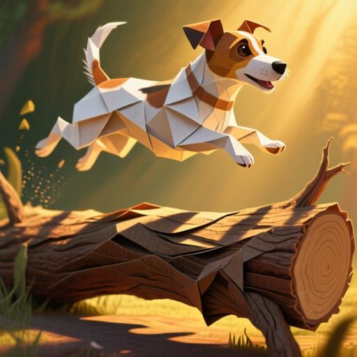 Cute Jack Russell Leaping Over Paper Log in Golden Hour