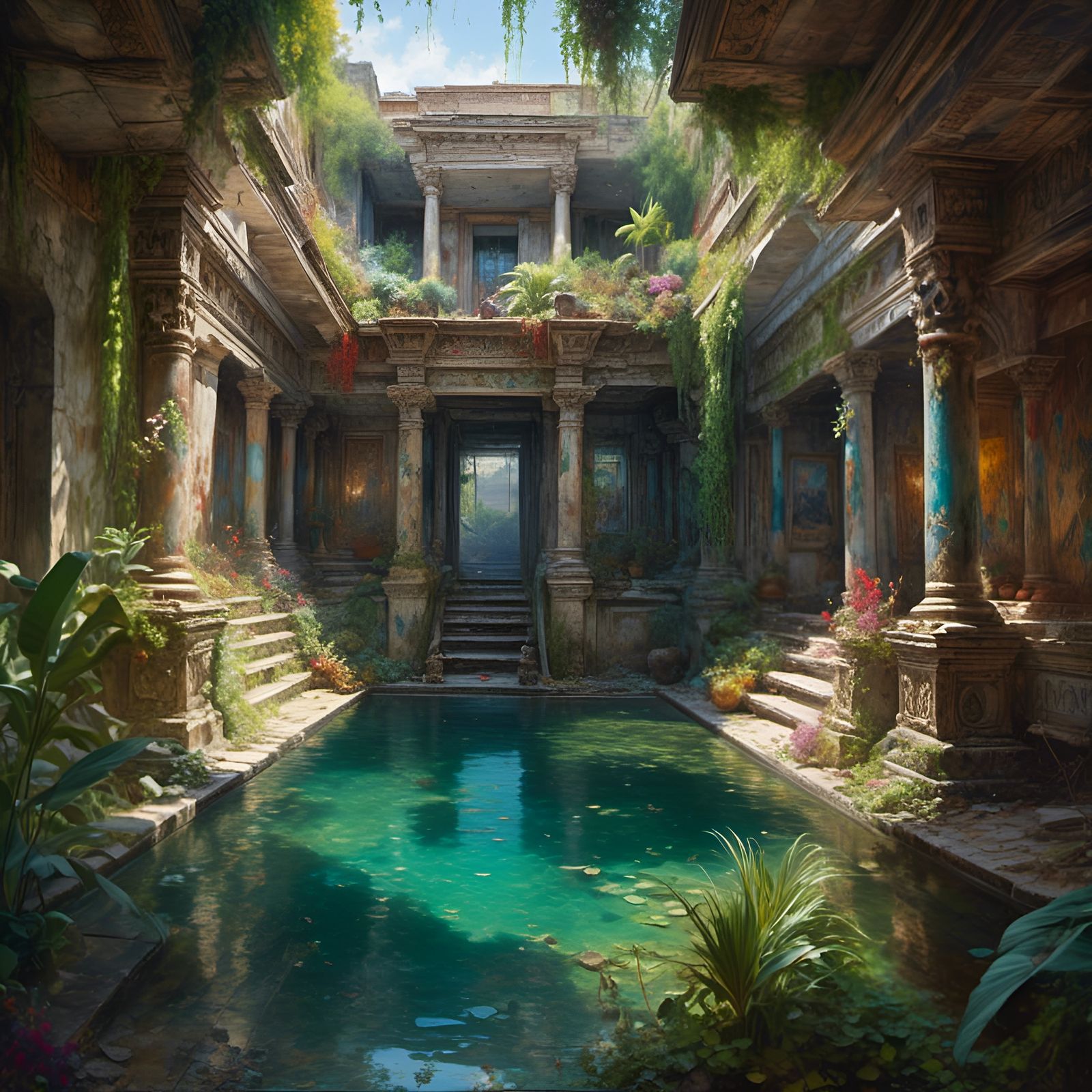 Tropical Minoan Palace with Floating Crystals