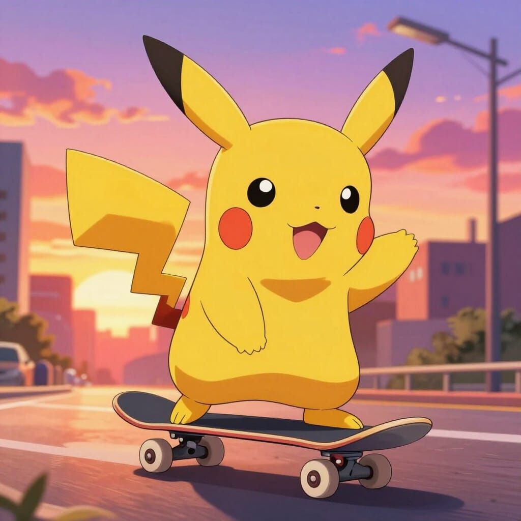 Pikachu Skateboarder at Sunset in Anime Style