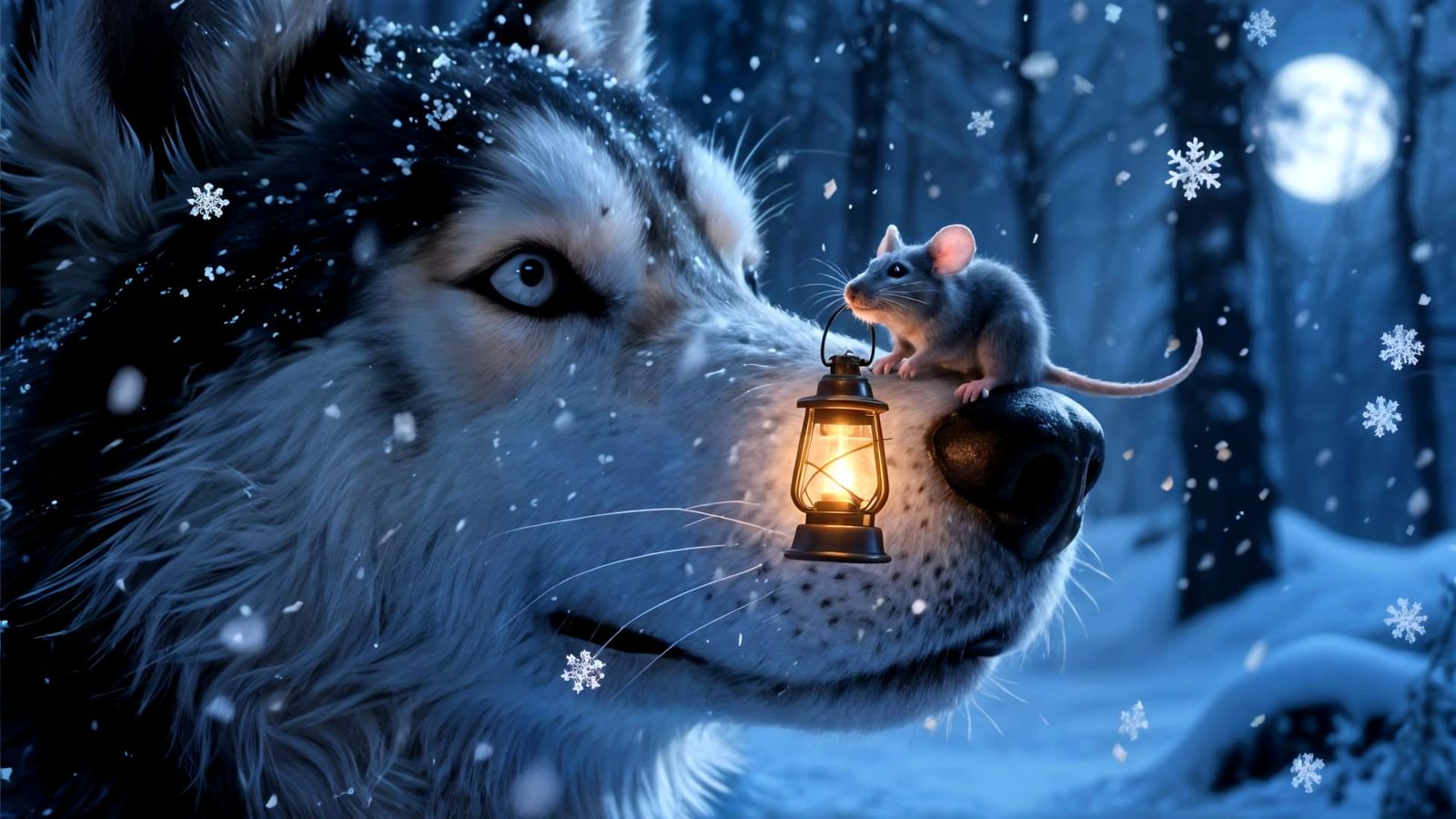 Tiny Mouse & Giant Husky in Snowy Forest at Dusk
