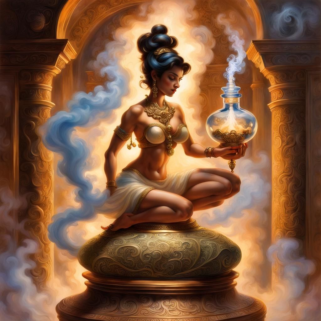 Genie Emerges from Perfume Bottle in Fantasy Art