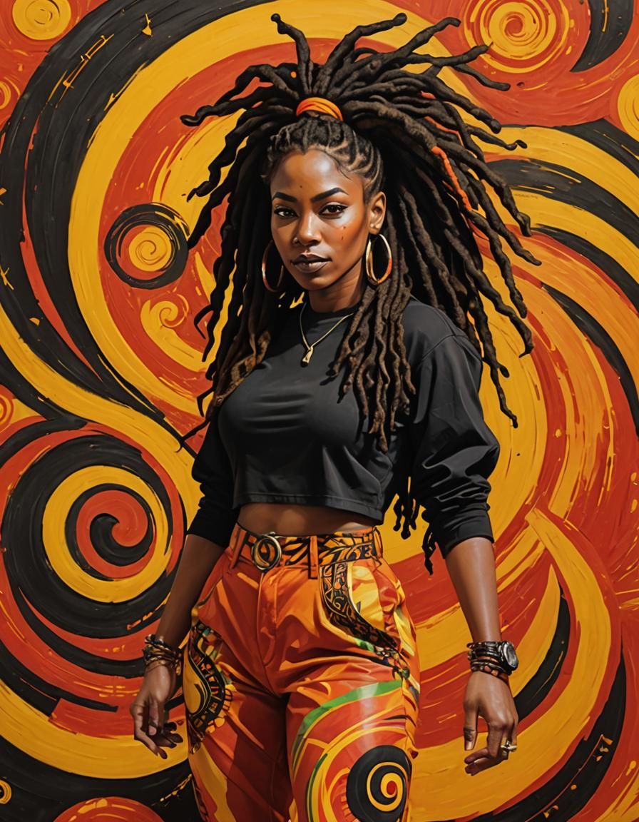 Confident Rasta Woman in Vibrant Abstract Setting