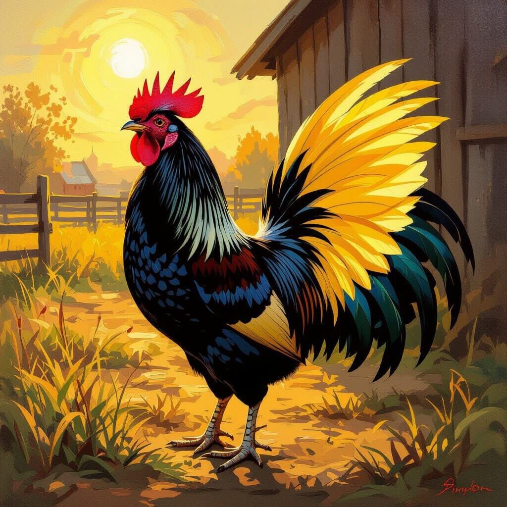 Black Rooster with Yellow Wings in Golden Dawn Light