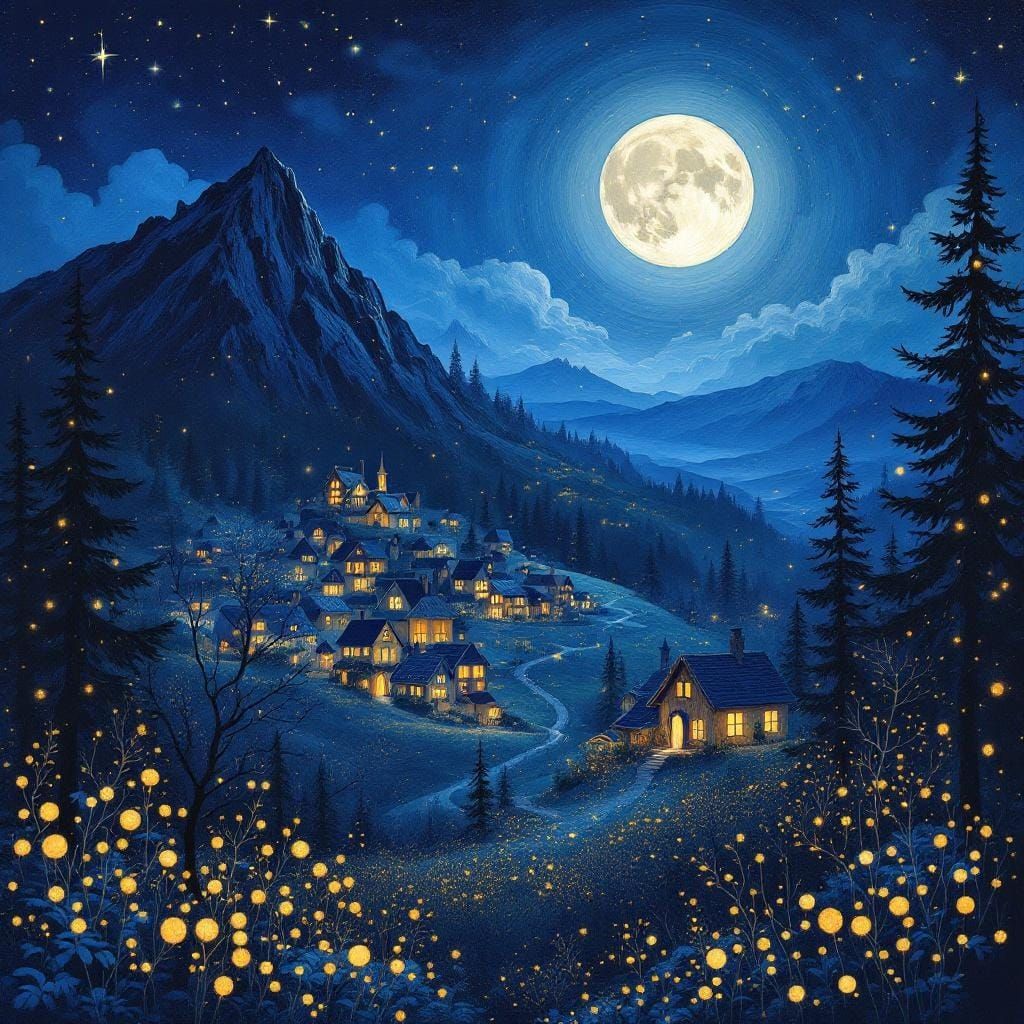 Village Dreamscape Under Moonlight in Klimt Style