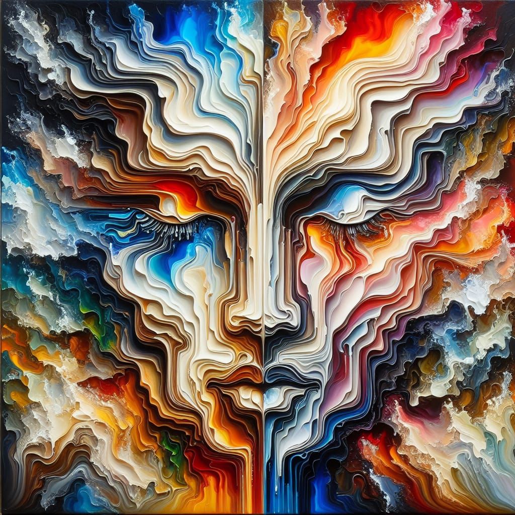 Abstract Liquid Art: Symmetrical Face in Contrasting Colors
