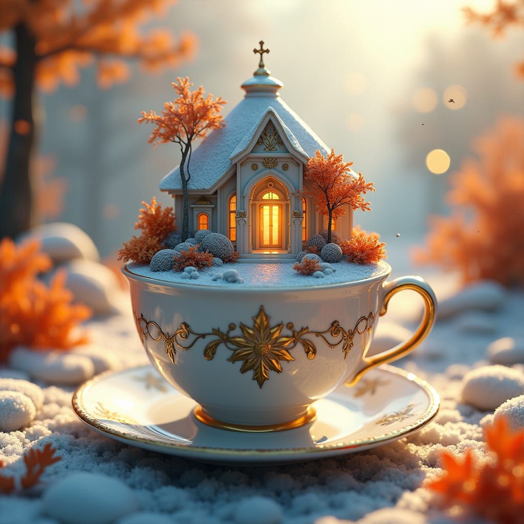 Ice Hotel Teacup Portal in Surreal 3D Autumn