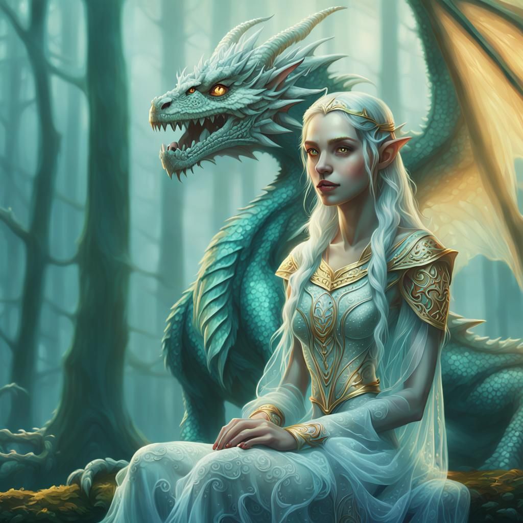 Enchanting Elf Maiden with Dragon in Fantasy Art