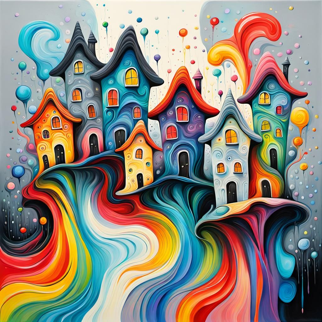 Whimsical Houses in Acrylic Paint Pouring Style