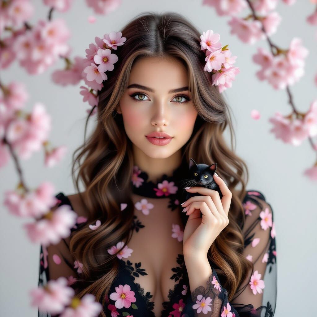 Ethereal Woman with Bat and Cherry Blossoms