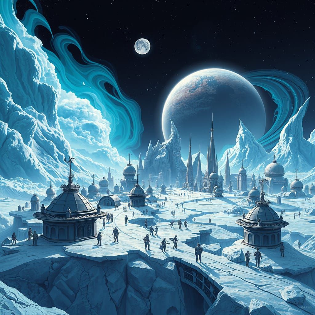 Futuristic City on Pluto with Dreamy Cryovolcanic Clouds