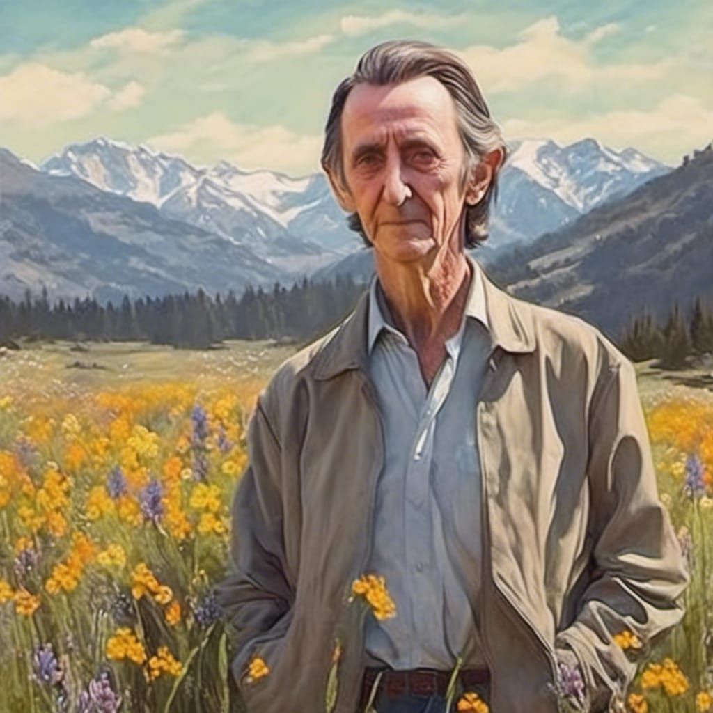 Watercolor Portrait of Man in Mountain Field