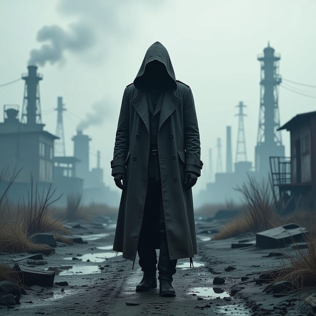 Dystopian Figure in Industrial Wasteland