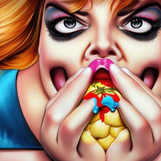 Hyperrealistic Image of Plus-Sized Woman Eating