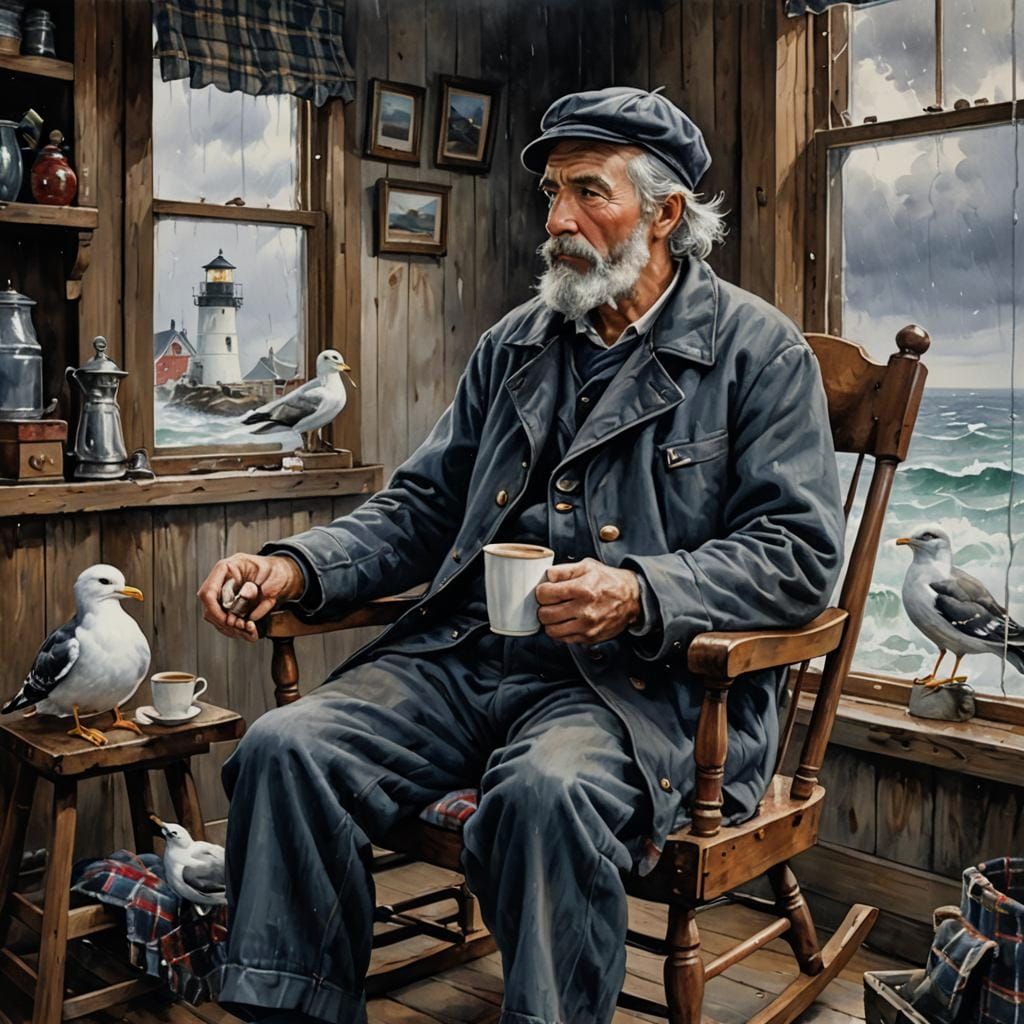 Lighthouse Keeper Observes Storm in Ink Painting