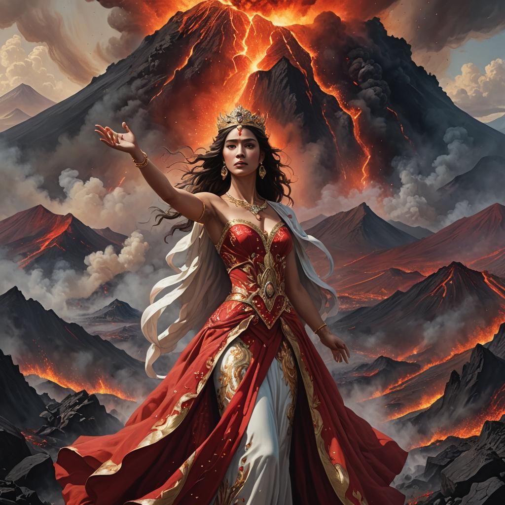 Hyperrealistic Goddess Before Erupting Volcano