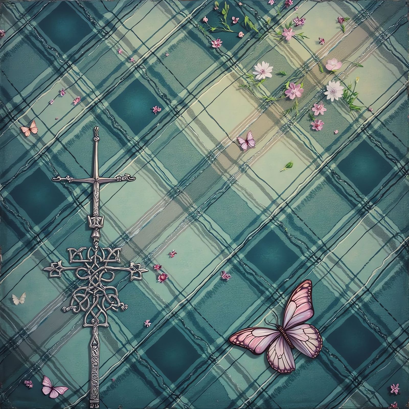 Ethereal Celtic Plaid with Delicate Crosses and Butterflies