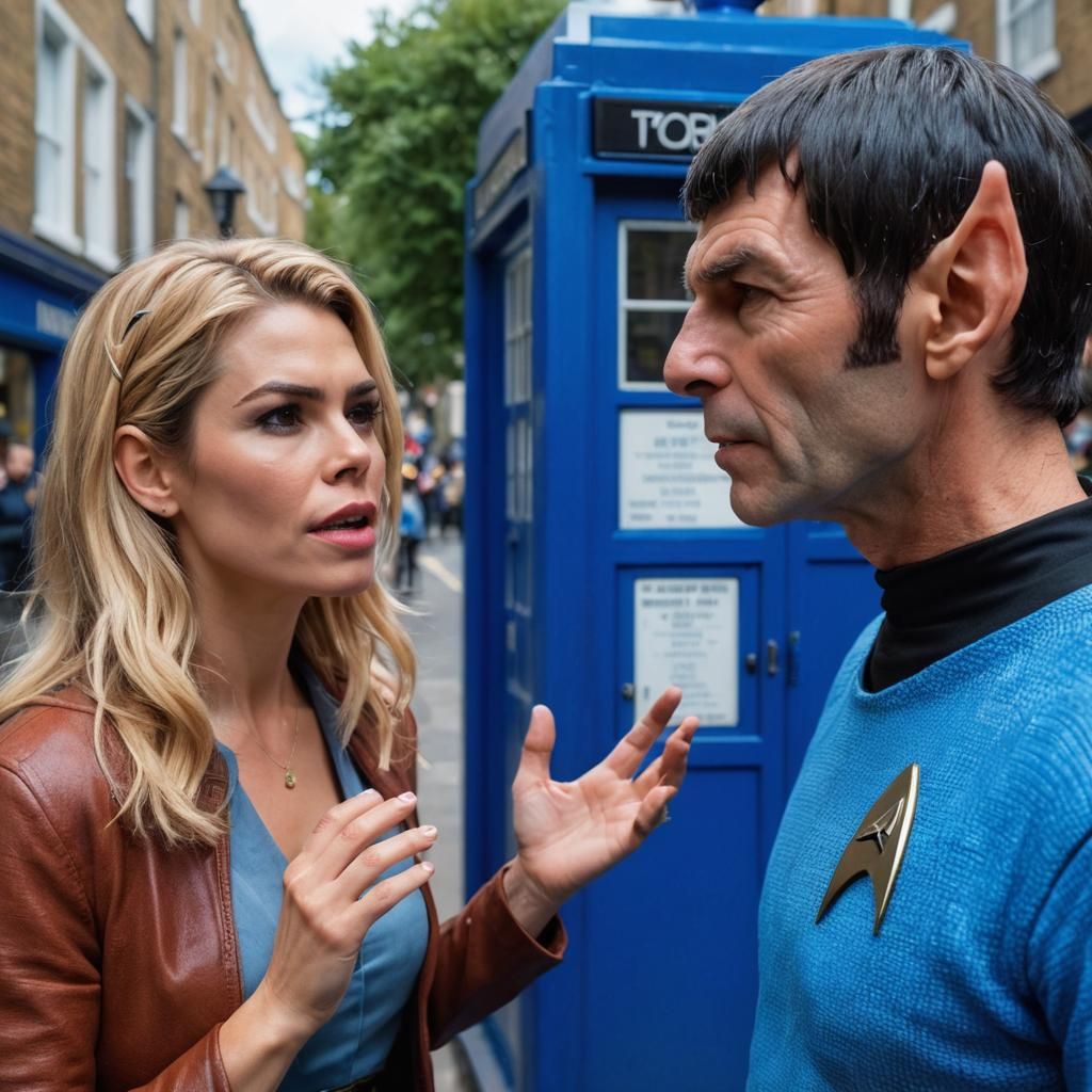 Billie Piper and Spock Chat by Police Box