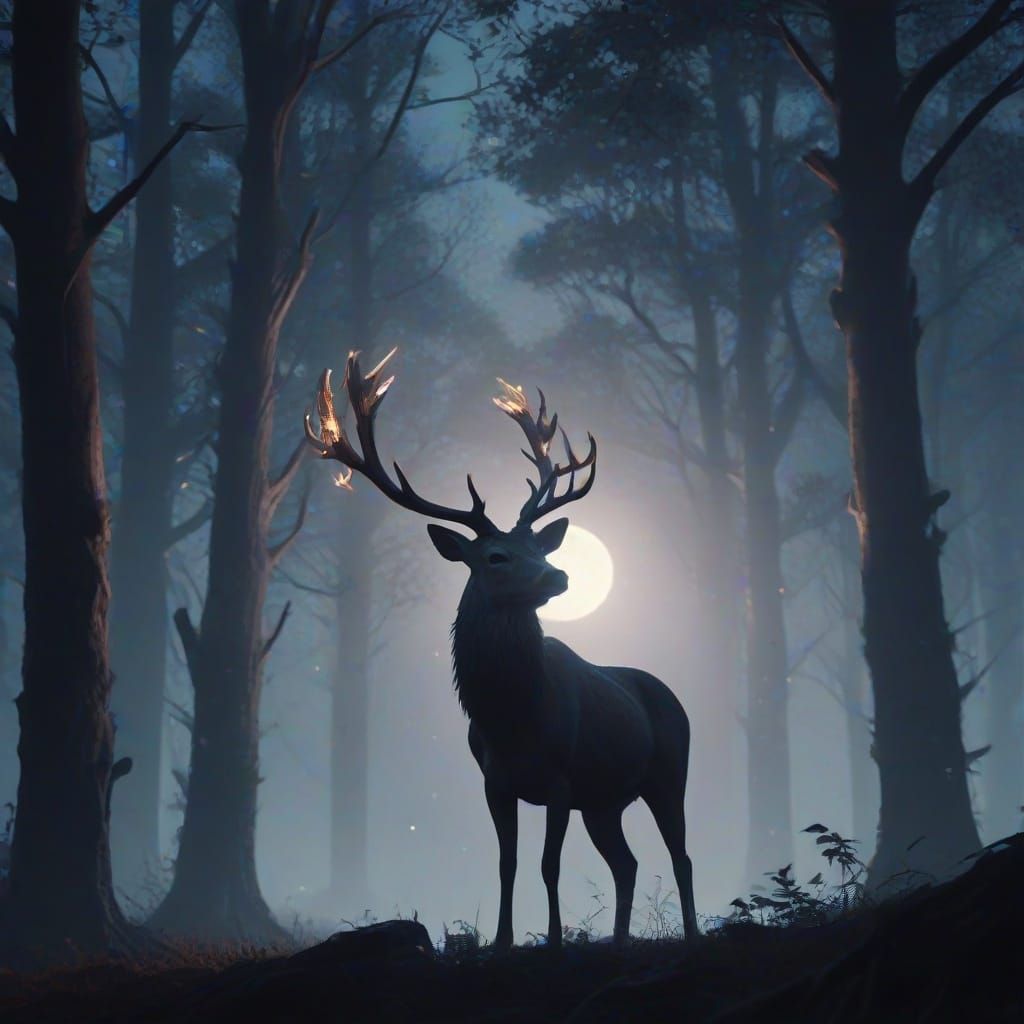 Moonlit Stag with Glowing Antlers and Runes in a Dark Fantas...