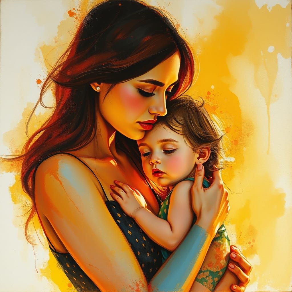 Surrealistic Mother and Child in Golden Light