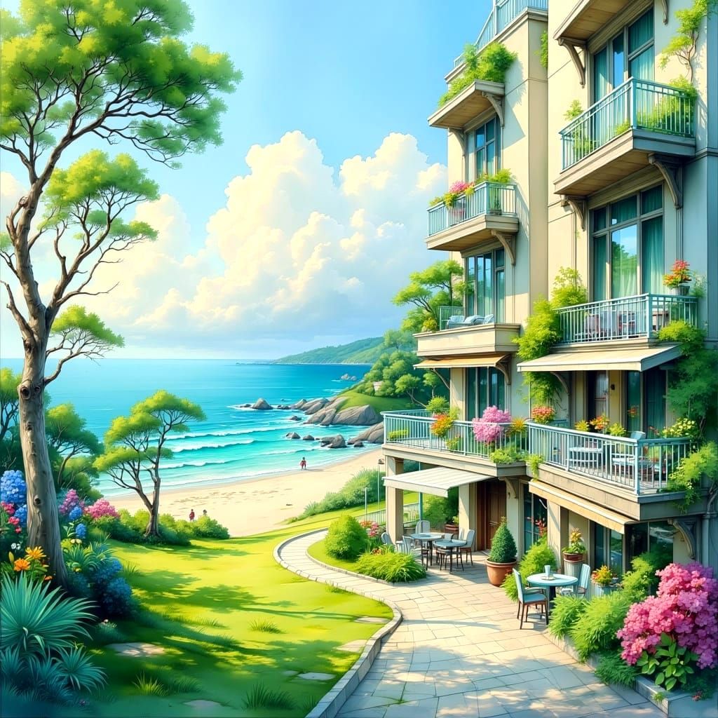 Luxury Beachside Apartment View in Pastel Colors