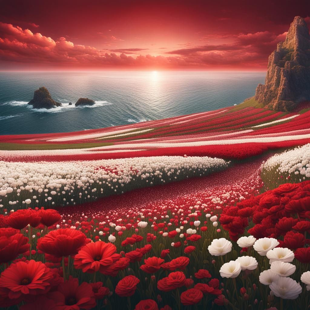 Stunning Red and White Flower Field by the Sea