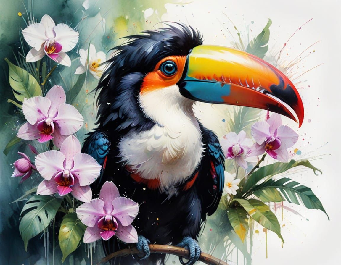 Toucan in Neo-Impressionist Oil Painting with Orchids