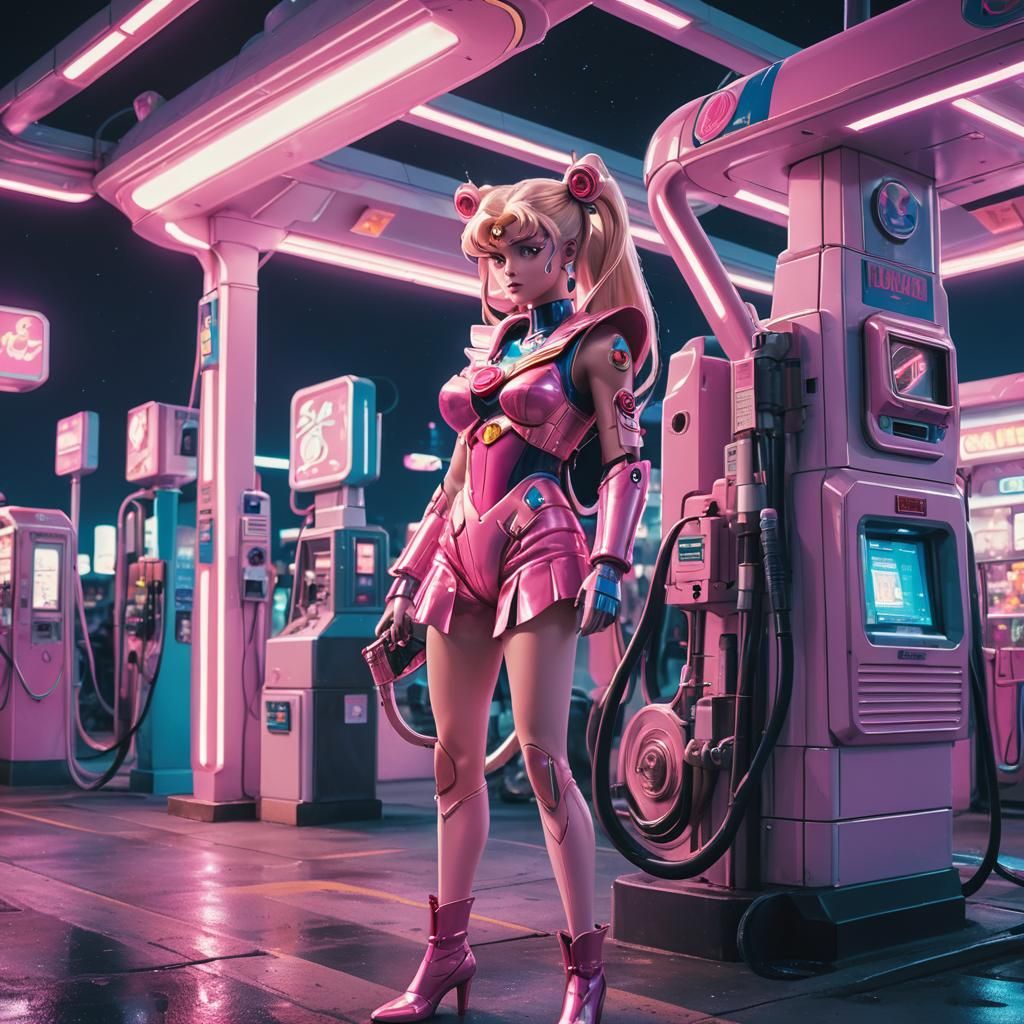 Sailor Moon at Alien Gas Station in Cyberpunk Style