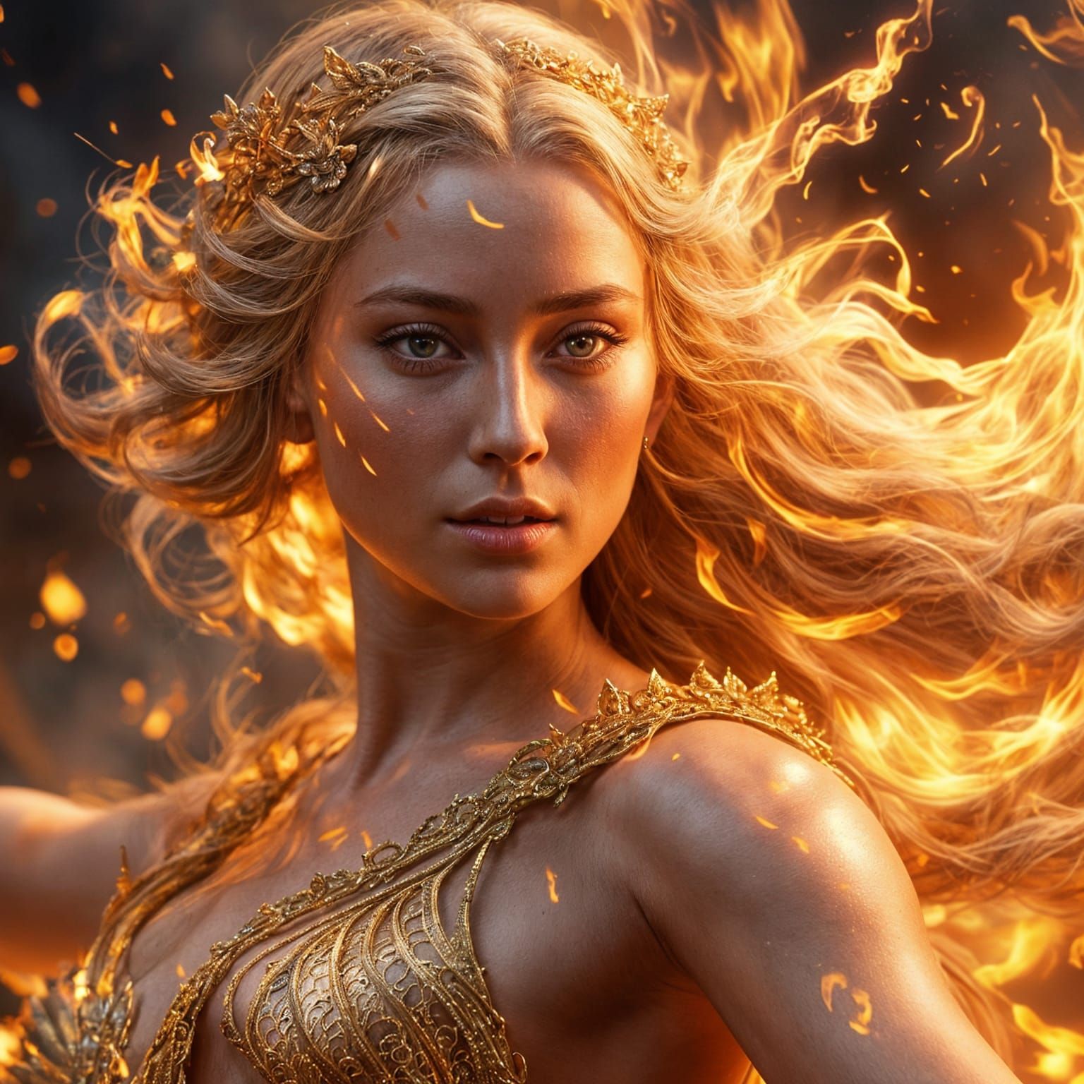 Ethereal Goddess Throwing Fire in Hyperrealistic Style