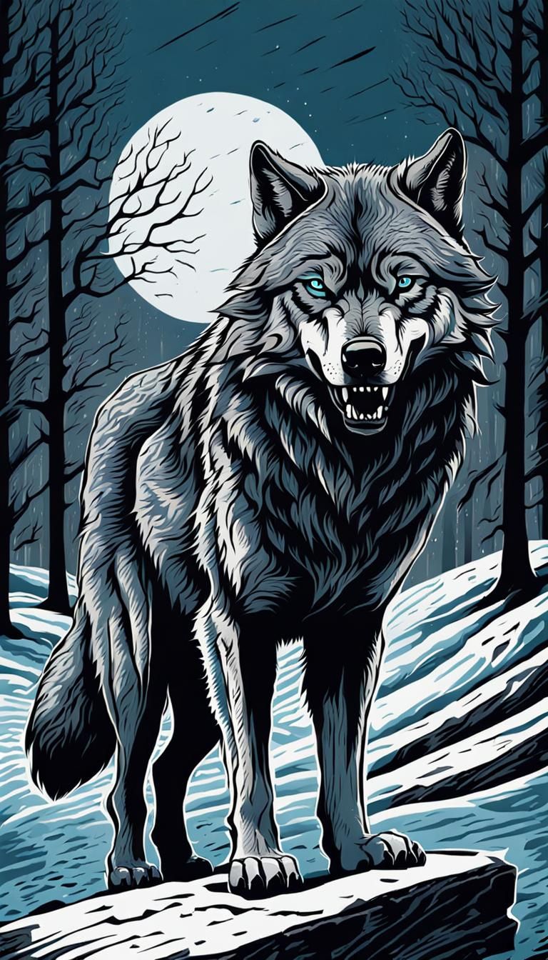 Gray Wolf Howling in Woodcut Illustration Style