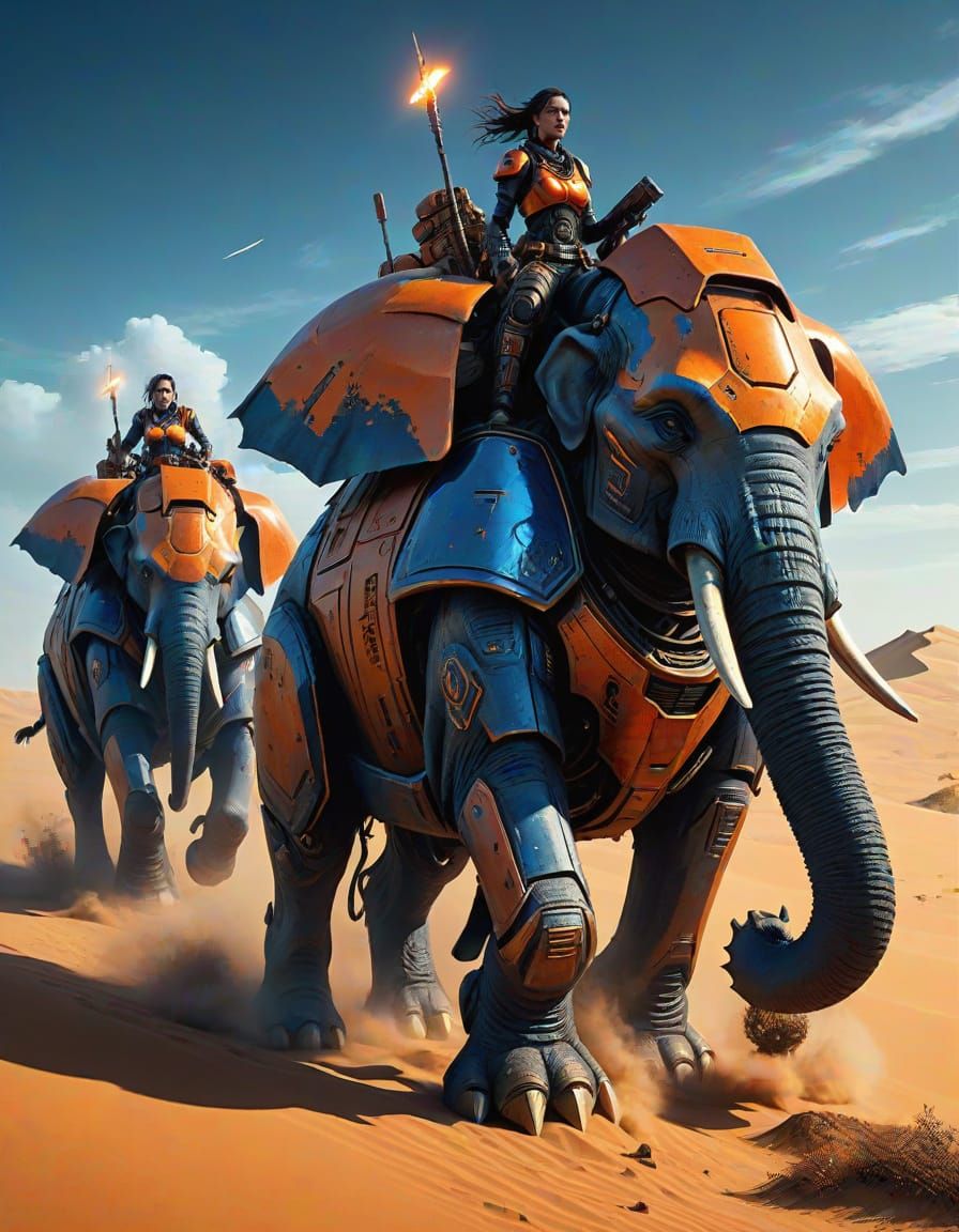 Cyberpunk Warriors Ride Armored Elephants Through the Dunes ...