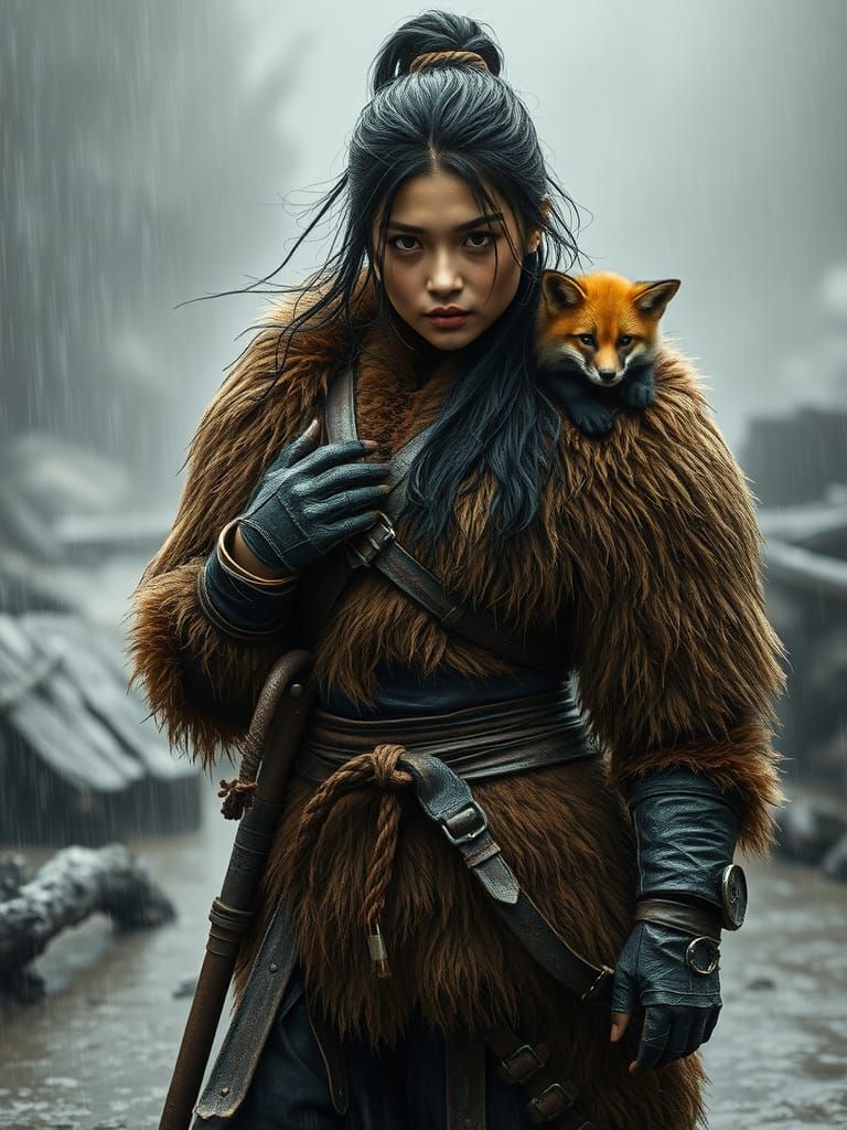 Resolute Asian Warrior Woman in Torrential Rain