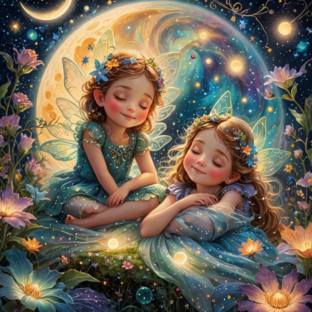 Fairies Sleeping on Bioluminescent Moon in Dreamlike Fantasy