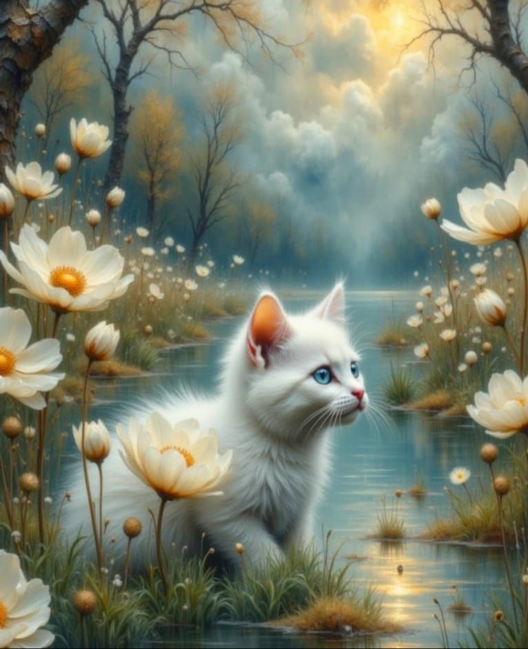 Kitten by Spring River with Celestial Flowers