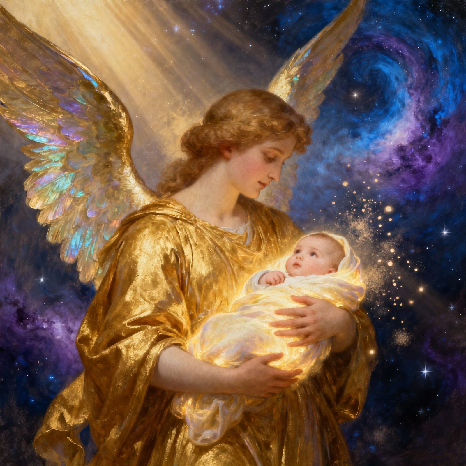 Celestial Golden Angel Carries Serene Baby in Nebula