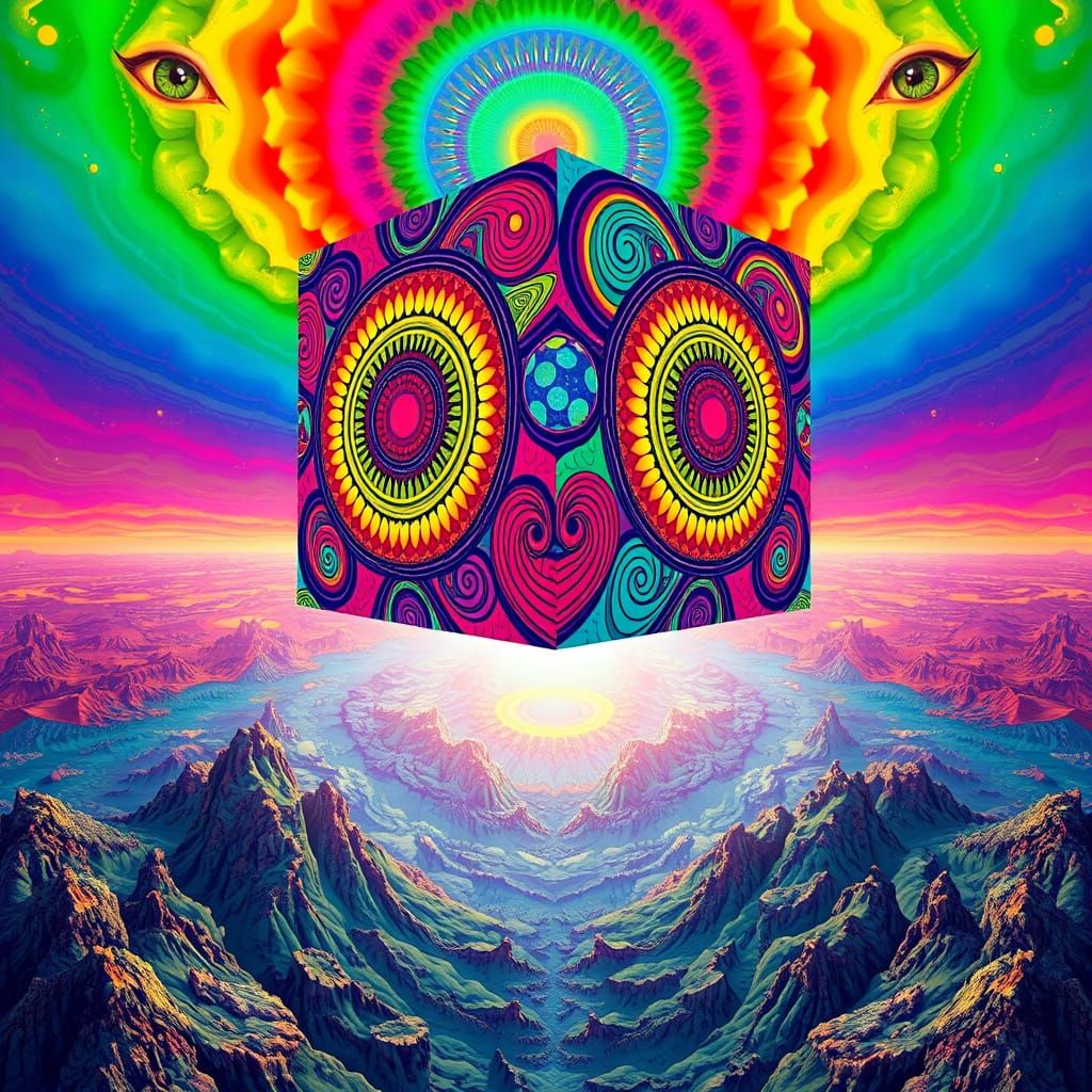 Vibrant Op-Art Cube Sails Above Surreal Psychedelic Landscap...