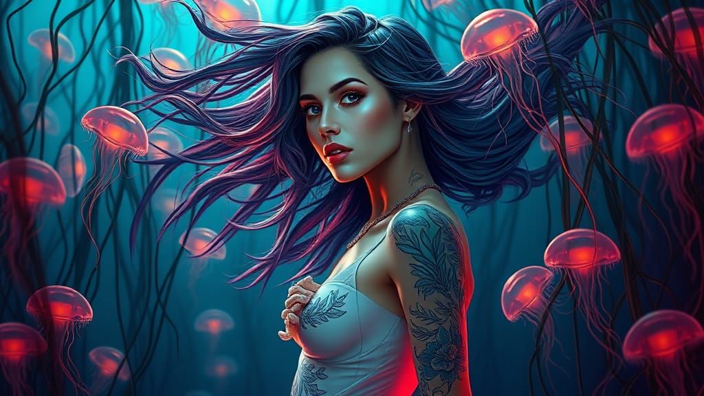 Bioluminescent Woman in Kelp Forest: Hyperrealistic Splash A...