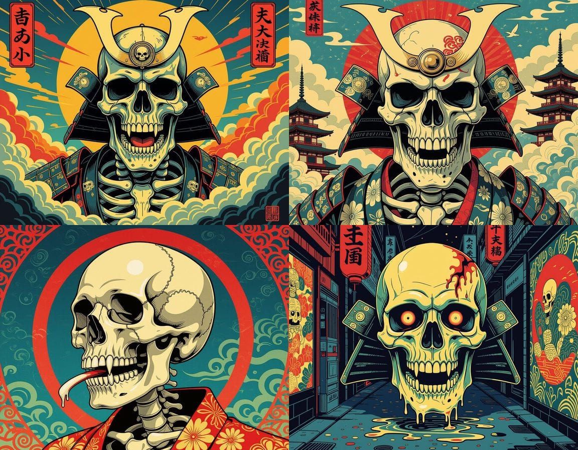 Melting Samurai Skull in Art Deco Gouache Style