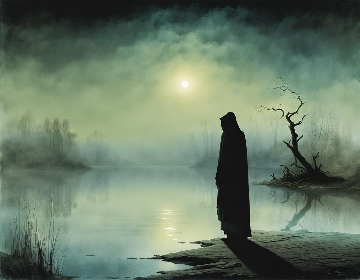 Ethereal Figure by Mist-Shrouded Lake