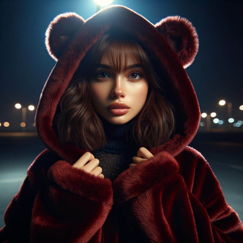 Youthful Hispanic Woman in Dark Red Plush Jacket Under Stree...